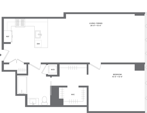 Floor plan for 1 bed, 1 bath, 950 sqft